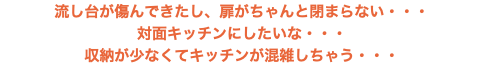 流し台が傷んできたし、扉がちゃんと閉まらない・・・ 対面キッチンにしたいな・・・ 収納が少なくてキッチンが混雑しちゃう・・・